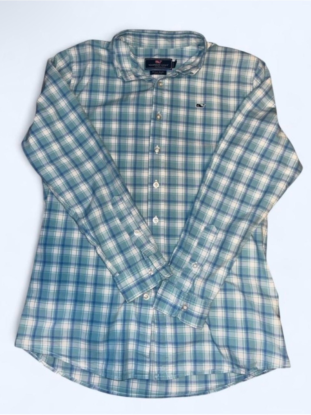 Vineyard Vines Teal and White Plaid Long-Sleeve Button-Down Shirt